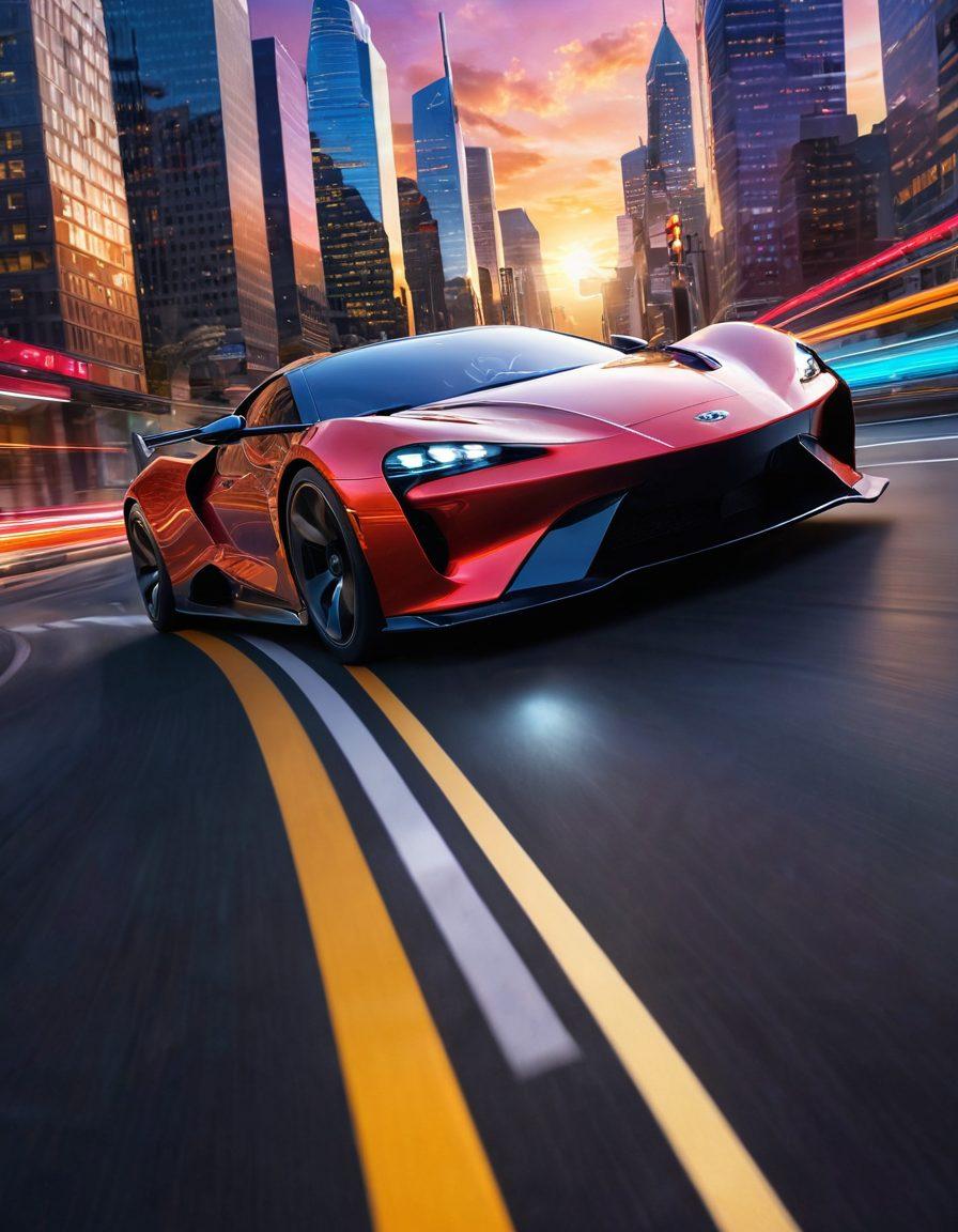 A dynamic scene featuring a sleek, futuristic car speeding down a winding road, surrounded by colorful graphs and digital charts symbolizing industry trends. In the background, silhouettes of cityscapes and a setting sun add a sense of innovation and progress. The atmosphere is vibrant and energetic, reflecting the fast-paced nature of the auto industry. super-realistic. vibrant colors. 3D.
