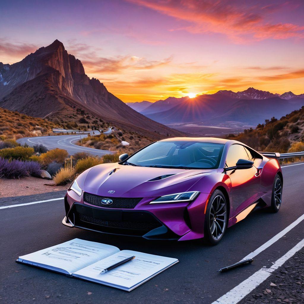A sleek, modern car on a winding road, set against a backdrop of mountains and a vibrant sunset, with floating icons representing tips and reviews beside it. In the foreground, a notepad and pen symbolize knowledge and notes taken. A digital screen displays auto industry news headlines. super-realistic. vibrant colors.