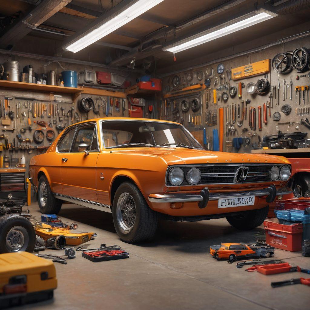 An intricately detailed garage scene showcasing a diverse range of vehicles under repair, with tools and maintenance manuals scattered around. Include a mechanic diligently working on a car engine, while another person records statistics on vehicle performance trends. The background should feature a wall filled with car posters and maintenance tips. The lighting should be bright and inviting, creating a dynamic atmosphere. super-realistic. vibrant colors. 3D.